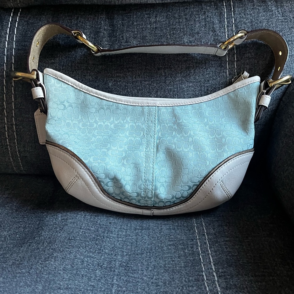 Vintage Coach Signature Demi Hobo Shoulder Bag – Style 1455 Aqua Blue / White
